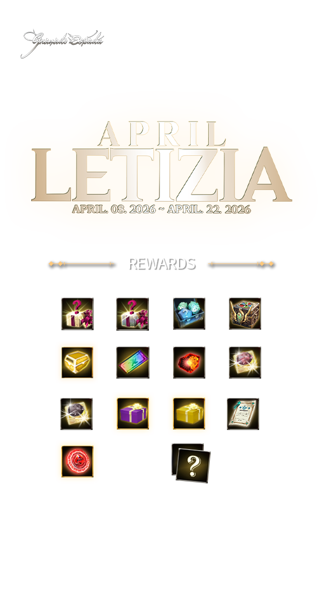 Granado Espada April 2026 Letizia Feso Gift Box event - mobile view with reward categories including Limited Rewards, Special Rewards, Character Cards, Stance Books, Progression Items and Original Rewards