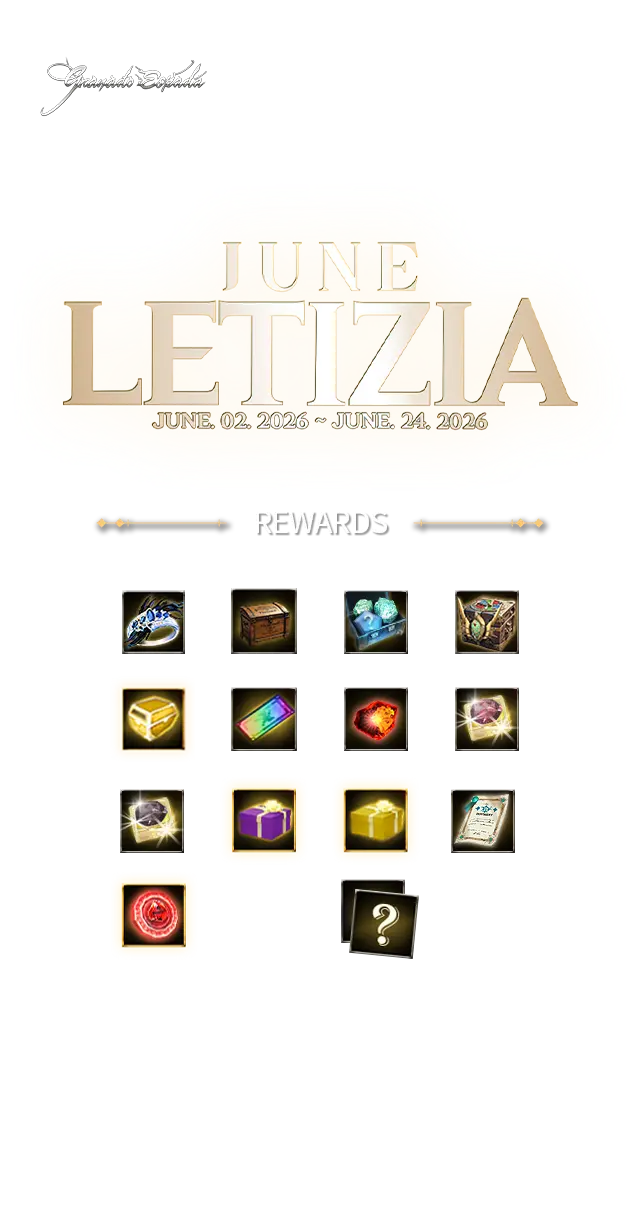Granado Espada June 2026 Letizia Feso Gift Box event - mobile view with reward categories including Limited Rewards, Special Rewards, Character Cards, Stance Books, Progression Items and Original Rewards